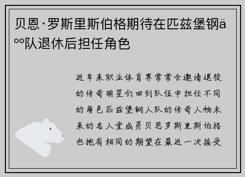 贝恩·罗斯里斯伯格期待在匹兹堡钢人队退休后担任角色